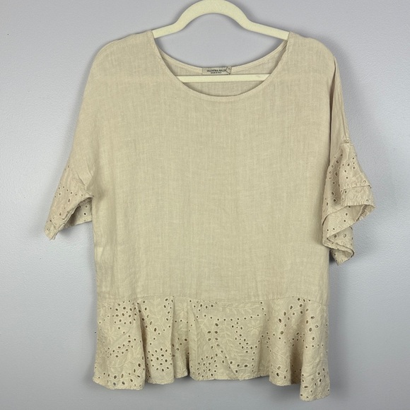 Valentina Naldi 100% Linen Cotton Cream Eyelet Ruffle Sleeves Hem Large Blouse - Picture 8 of 8